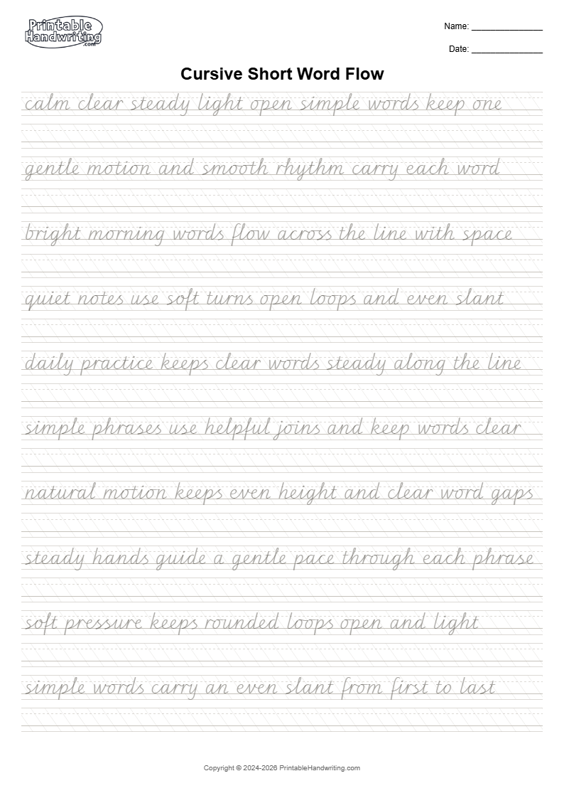 Cursive Words and Sentence Flow Pack cursive cover showing carry stable basic joins into readable words, sentences, and a short independent paragraph while preserving word gaps, slant, baseline, practical pen lifts, and line-end control
